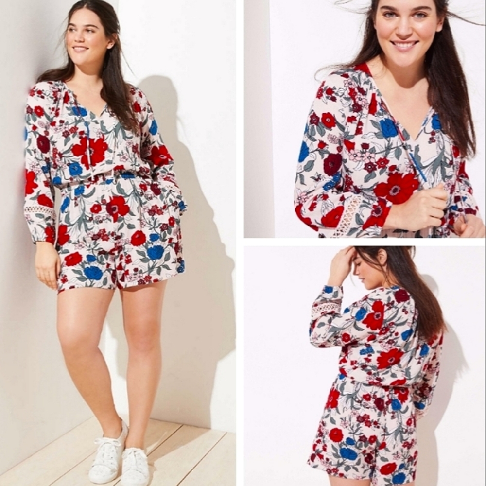 Loft beach floral crochet tie neck romper size small new with tags